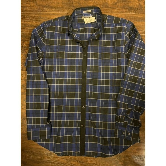 Express Fitted Men’s Long Sleeve Button Down Blue Plaid Shirt Size XL - Picture 1 of 4